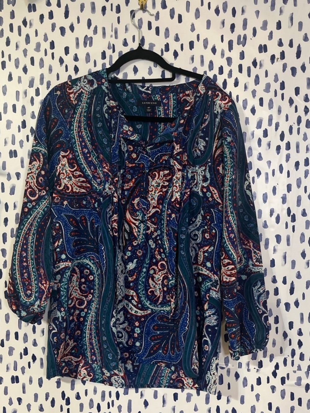 Lands' End Teal and Navy Paisley Peasant Blouse. 4P